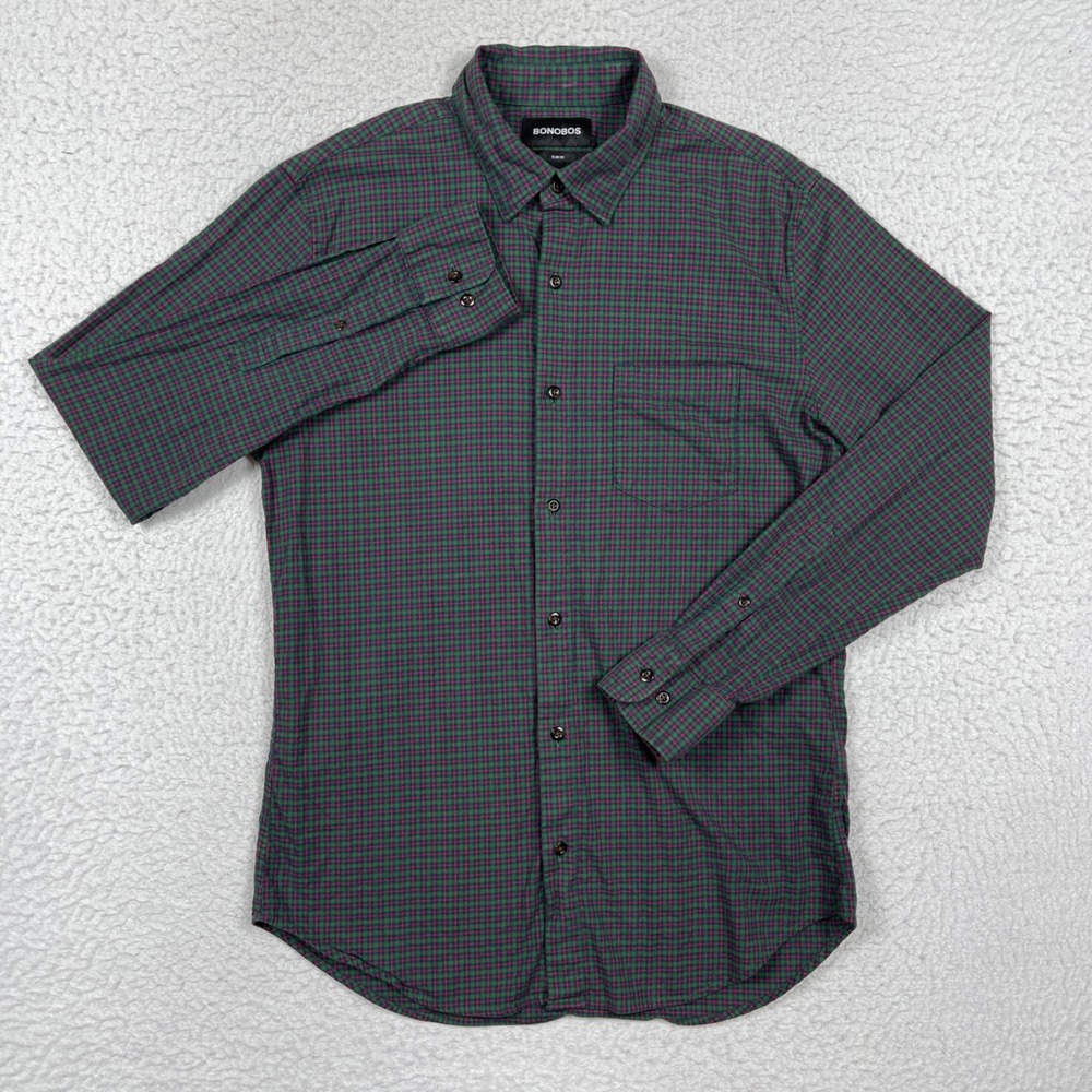 Bonobos Button Down Mens Medium Slim Green Red Micro Check Office Preppy Classic